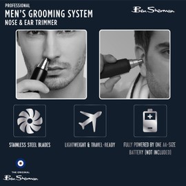 Ben Sherman - Cortadora de pelo de nariz para hombres, herramienta de pelo de precisión para orejas y nariz para hombres, sistema profesional de aseo para hombres, cuchillas de acero inoxidable, ligeras y listas para viajar