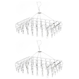 TVRTFQ 2 Pack Stainless Steel Sock Drying Rack with 80 Clips,360° Rotatable Windproof Hook Clothes Hanger Rack for Sock,Bras,Underwear,Baby Clothes,Hat,Scarf,Pants,Gloves,Towel and Laundry Accessories