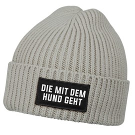 MoonWorks® Women's Beanie with Patch, Knitted Hat with Saying "Die mit dem Hund geht (Die mit dem Hund geht"), dog goes grey