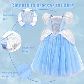 MDYCW Cinderella Princess Dress Puff Sleeve Costume, Special Occasion Dresses for Toddler Girls Age 4-5 Years, Ultra Soft Lace Fancy Gown Birthday Party Dress Up