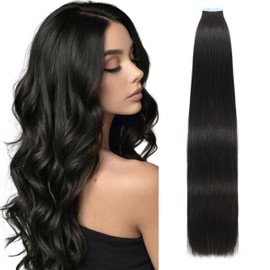 Lveyan Tape in Hair Extensions Human Hair, 14 Inch Natural Black 20pcs Real Human Hair Invisible Tape in Hair Extensions for Women (1B, 14 Inch)