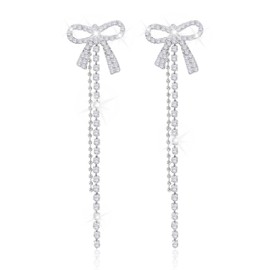 Stocking Stuffers for Women Bow Earrings for Women Gold Pearl Bowknot Earrings Sparkly Rhinestone Bow Long Tassel Earrings Cute Bow Jewelry Christmas Gifts for Women