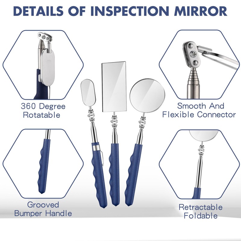 Copkim 3 Pieces Telescoping Inspection Mirror Stainless Steel Extendable Mechanic