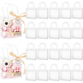 50 Pack Clear Plastic Gift Bags with Handles, Party Favor Bags with Ribbons and Tags, Reusable Goodie Bags Tote Bags for Wedding Baby Shower Valentine’s Day (4.9" x 5.9" x 2.8"):_7.9 x 7.9 x 3.2 Inches