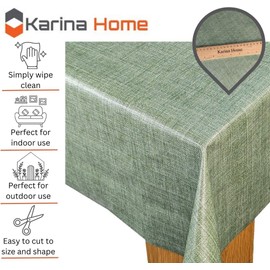 Karina Home Moss Green Linen Look Wipe Clean Tablecloth Vinyl PVC Table Cover Wipeable Table Cloth (Green, 200cm x 140cm)