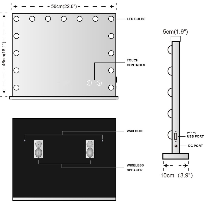FENCHILIN Vanity Mirror with Lights and Bluetooth Speaker 22.8"x 18.1"
