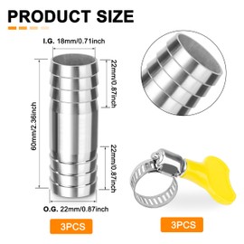 Stainless Steel Hose Barb, Pack of 3, 22 mm Straight Hose Connector Adapter, 2-Way Nozzle Connector, Hose Connection with Hose Clamps for Fuel, Air, Water Pipe