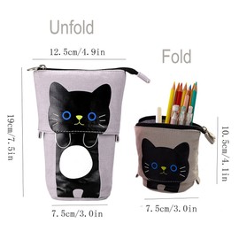 Telescopic Pencil Pouch Standing Pen Holder Cute Pencil Bags Stand Up Pen Case Cartoon Pencil/Pens Storage Box Canvas+PU Stationery Organizer Makeup Bag with Zipper Closure (Gray)