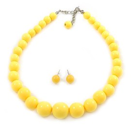Avalaya Pineapple Yellow Acrylic Bead Choker Style Necklace and Stud Earring Set in Silver Tone - 38cm L/ 5cm Ext