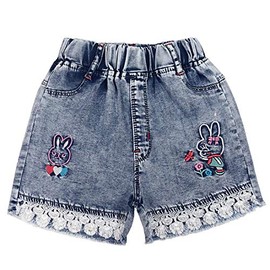 Peacolate 4-8T Little & Big Kids Girls' Emboridery Flower Floret Denim Shorts Jeans, rabbit