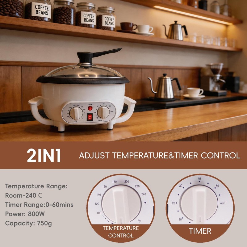 Upgrade Electric Coffee Bean Roaster 110V/800W 1.6Lb Capacity with Timer