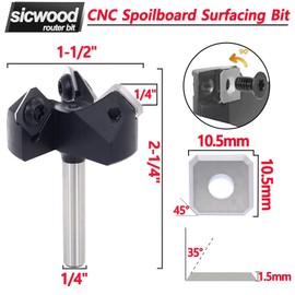 CNC Spoilboard Surfacing Router Bit 1/4 Shank, 3-Wings, 1-1/2” Cut Dia, Wood Slab Flattening Router Bit, for Rabbeting/Flycutter/Planing, by SICWOOD