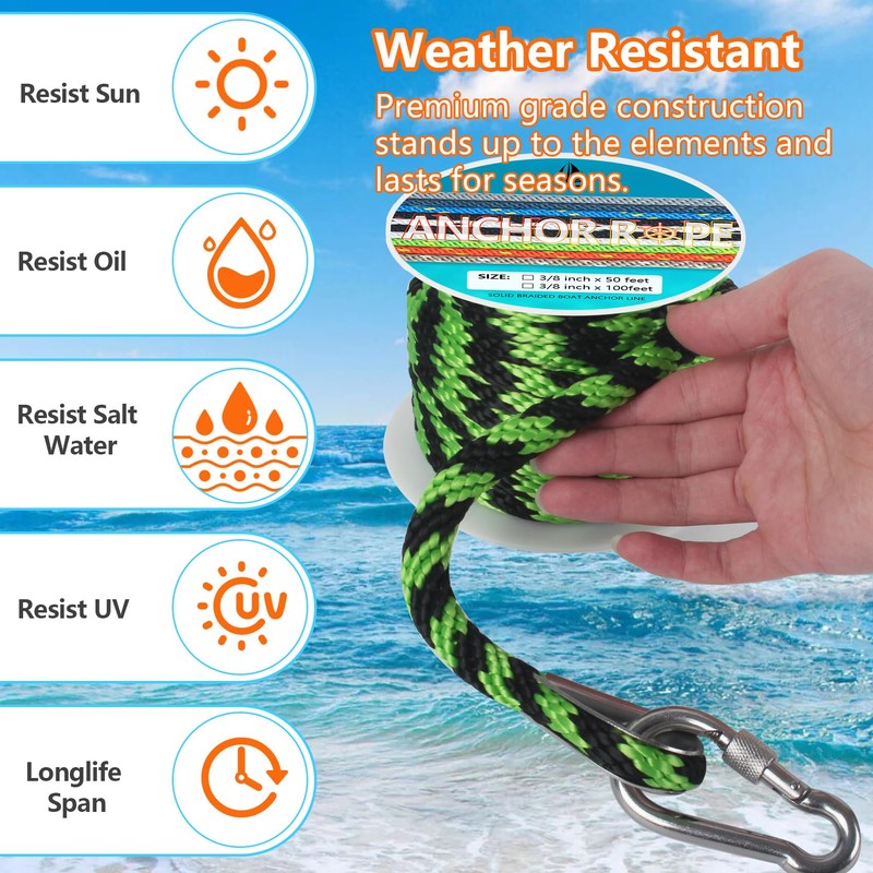 3/8 Inch 50 FT Anchor Rope, Boat Anchor Rope Solid