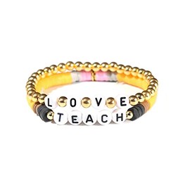 COLORFUL BLING Teacher Appreciation Bracelets Solf Clay Love Teach Inspire Letter Beaded Teacher Bracelets Teacher Gift for Women-2Pcs