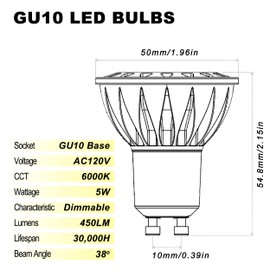 ALIDE GU10 Led Bulbs 5W 6000k Daylight White Dimmable,25W-35W Halogen Equivalent,MR16 GU10 Base AC120V Dimmable Led Spotlight Track Light Bulbs,450LM,38 Degrees,6Pack