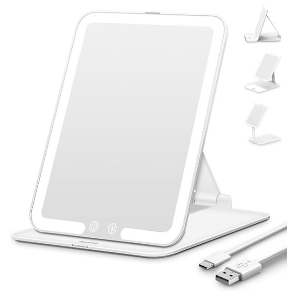 Rechargeable Travel Makeup Mirror with Light, 3 Colours Dimmable，10X Magnification,