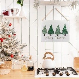 Ryeolo Merry Christmas Wooden Hanging Sign - Green Christmas Tree Sign, Christmas Porch Front Door Sign, Indoor Christmas Wall Hanging Decor for Bedroom Home,10.2x7.8 Inches (Green)