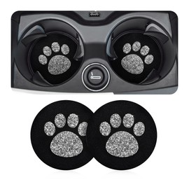 CGEAMDY 2 Pack Car Cup Holder Coasters, 7 CM Bling Glitter Rhinestone Paw Print Cup Coaster, Rubber Non-Slip Insert Auto Drink Mat, Universal Car Interior Accessories for SUV, Truck, RV (Silver)