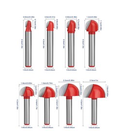GIONAR 8pcs 1/4" Shank Cove Core Box Router Bit Set, Carbide Tipped Round Nose Router Bits, Woodworking Grooving and Milling Cutter Tool, Precise 1/4" Router Bits for Wood, Plywood