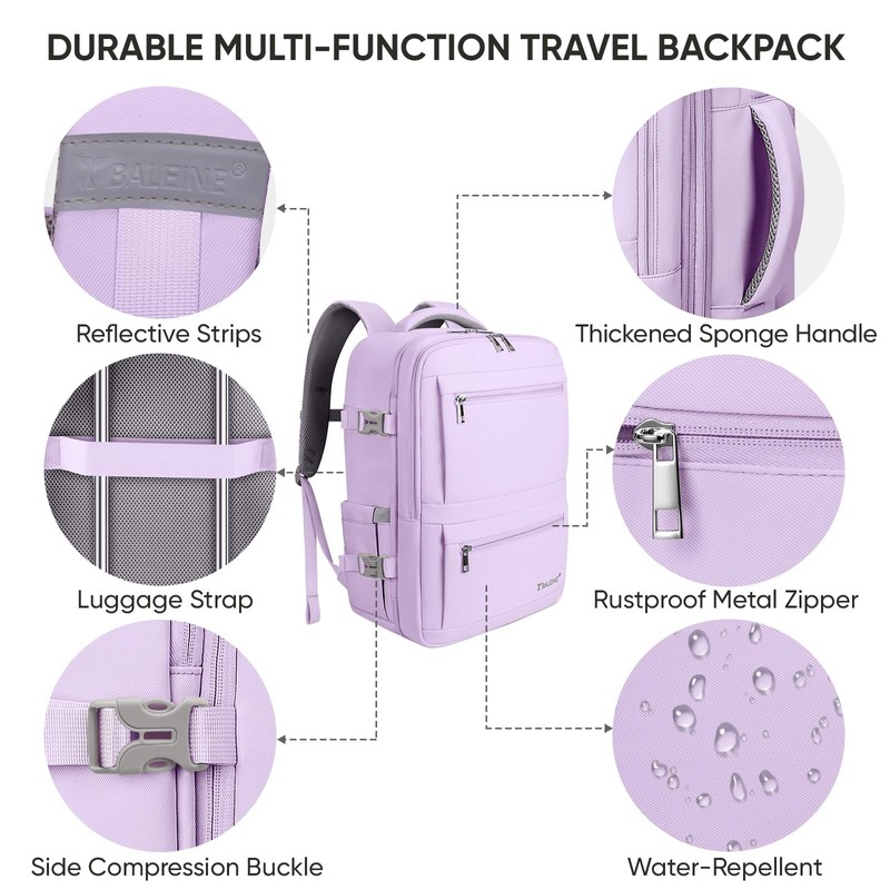 BALEINE Travel Backpack for Women Men, Large Sturdy Carry On