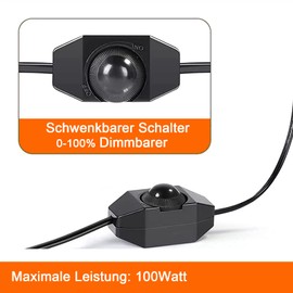STBTEC Lamp Cable with Dimmer Switch, Continuously Dimmable/Dimming (Cord Rotary Dimmer), Euro Plug Type C Power Cable for Bulbs, Lights, Lamps, 2 Pin, 1.8 m, Black, Pack of 2