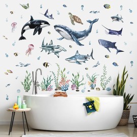 decalmile Under The Sea Large Sharks Wall Decals Ocean Fish Turtle Whale Seaweed Wall Stickers Kids Bedroom Living Room Bathroom Wall Decor