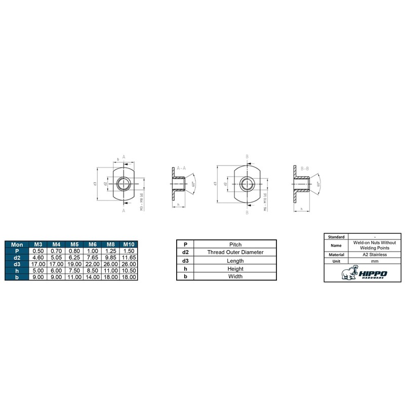 Hippo Hardware M8 (8mm) Weld T Tee Nuts with Smooth