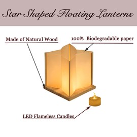 FUELYE 10 Pack 6" Star Shaped Floating Lanterns with Waterproof Wooden Base Sets, Paper Water Lanterns Decoration with LED Tealight Candle for Wedding (Lanterns+Flameless LED Candles)