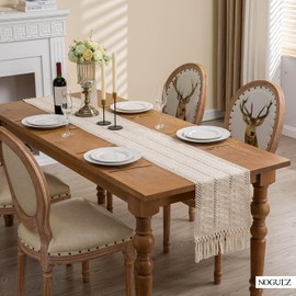 Noguez. Camino de Mesa de Algodón y Lino, Elegante Decoración de Mesa de 30 cm. x 120 cm., Camino de Mesa Rústico Bohemio para Comedor, Elegante Decoración para Bodas y Fiestas. (Blanco Puro)