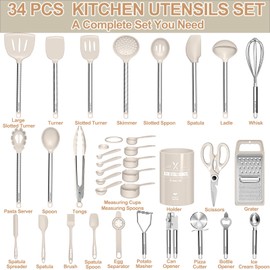 Kitchen Utensils Set-Umite Chef 34 Pcs Silicone Cooking Utensils Set for Nonstick Cookware-Silicone Spatulas Set, Stainless Steel Handle-Khaki Kitchen Gadgets Tools, Pots and Pans Accessories