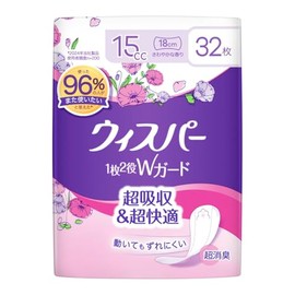 Whisper 2-in-1 W Guard, Women's, Water Absorption Care, 5.6 fl oz (15 cc), Waste & Moisture Care, Panty Liner, 32 Pieces, 7.5 inches (19 cm) x 4 Packs