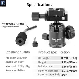 INNOREL D30 Tripod Ball Head with Handle, 360° Panoramic Ballhead with 1/4" Quick Release Plates, Max Load 22lbs/10kg, Compatible with DSLR, Camcorder, Telescope, etc.