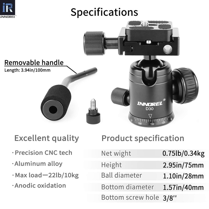 INNOREL D30 Tripod Ball Head with Handle, 360° Panoramic Ballhead