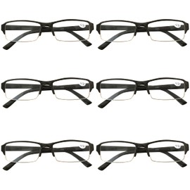 B and Q 6 Pack Mens Rectangular Half Frame Blue Light Blocking Reading Glasses Black Spring Hinge Readers (BQ058 BK x 6, 3.50)