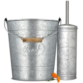 Autumn Alley Rustic Farmhouse Bathroom Trash Can and Toilet Brush Set - Rustic Bathroom Accessories for Charming Galvanized Bathroom Décor, Galvanized, Grey, 2 Gal. Capacity