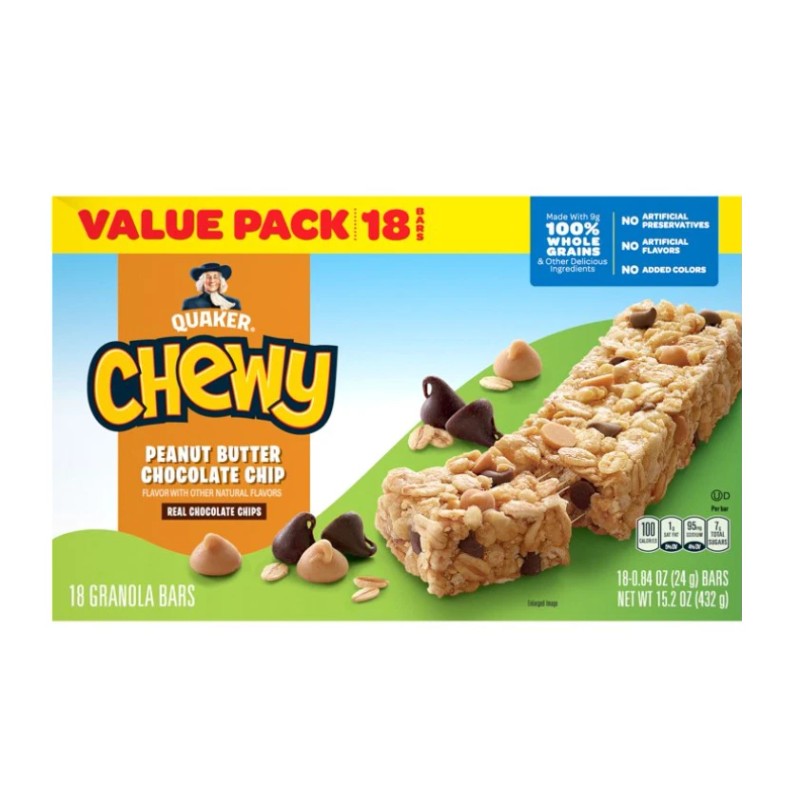 Quaker Chewy Granola Bar, Peanut Butter Chocolate Chip Flavor, 18