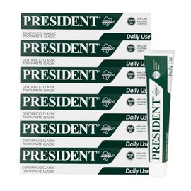 President Set of 6 Classic Toothbrushes for Everyday Use - Anti Plaque, Caries, Refreshing, Anti-Halitosis, With Herbal Extracts of Melissa, Sage, Chamomile. RDA 50. 6 x 75ml