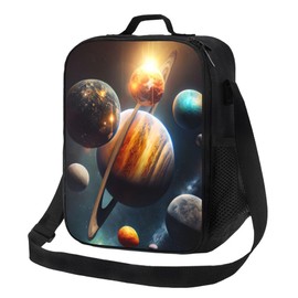 PAUSEBOLL Galaxy Solar System Kids Lunch Box Planets in Outer Space Lunch Bags for Boys Girls Reusable Portable Waterproof Lunch Bags with Adjustable Shoulder Strap and Side Pocket