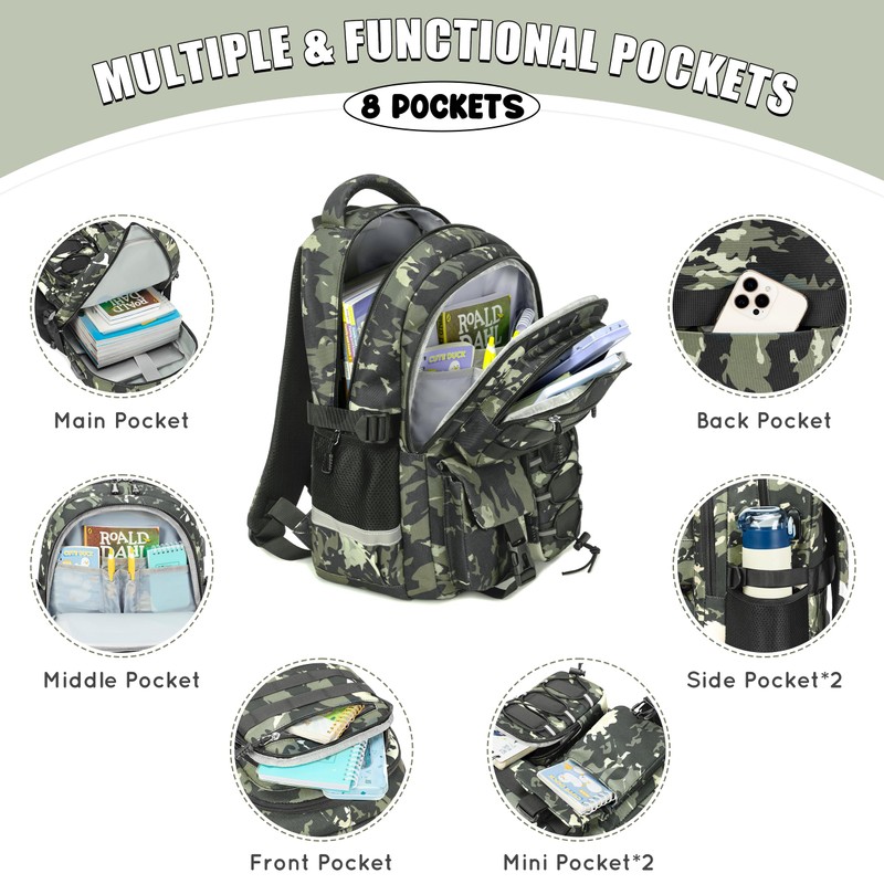 Tecoloy Camo Backpack for Boys, 3PCS Tactical Kids Backpack Boys