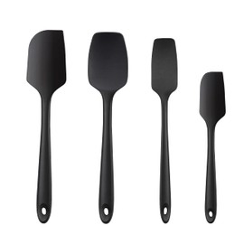 PRAUSY - Juego de espátulas de silicona con resistente al calor de 315 °C, sin costuras y 4 piezas de la serie grande, espátula pequeña/mini espátula, cuchara y espátula para frascos, juego de utensilios de cocina (negro)