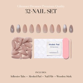 Press On Nails 32 Rose Pink – Medium Almond I Thick Gel Coating Reusable Press on Nails - Sleek Gloss I Shimmer Tip for Kids & Adult I Nails with Adhesive Tabs, Clean Pad, Nail File & Wood Stick