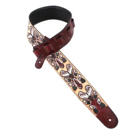 Walker And Williams LHR-24 Handmade Blood Red Premium Carved Leather Guitar Strap With Grizzly Bear Totem Carving For Acoustic, Electric, And Bass Guitars, Red and Tan, Regular