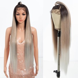 Style Icon 38 Inch Lace Front Wig Human Hair Quality Super Long Straight for Women Synthetic Hair Replacement HD Lace 150% Density (TAT 6/27/1001E, Updo Lace, 38 Inch)