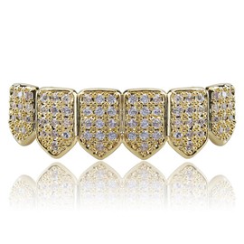 JINAO Gold Bottom Grillz 18K Gold Plated Iced Out Cubic Zirconia Diamond Mouth Grills for Your Teeth with Extra Molding Bars Included (Gold Bottom)