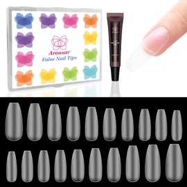 Arousar Nail Tips, 500pcs Clear Acrylic Nail Extension Set in 10 Sizes, Half Matte Medium Coffin Ballerina Full Cover Press on False Nail Tips with 20ml Glue Gel, Spring Summer DIY Salon Gift