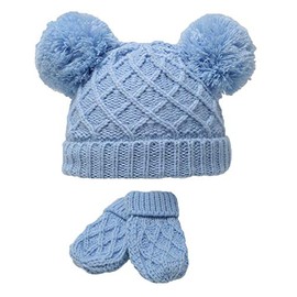 Tillfield Soft Touch Baby Diamond Knit Double Pom Pom Hat and Mittens (Newborn to 6 Months) (Blue)