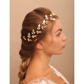 Jumwrit Bridal Pearl Headband Bride Wedding Hair Vine Leaf Bridal Headpiece Hair Accessories for Women and Girls（Rose Gold）