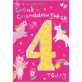 Great Granddaughter 4th Birthday Card - Age 4 - Rainbow Unicorn Design - Special Finishes and Illustrated Insert Leaf - Made in the UK