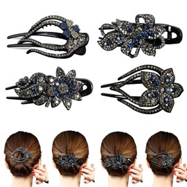 4pcs Heart Ponytail Clips Flower Rhinestone Hair Accessories Sparkly Prom Diamond Hair Clips French Curved Flat Hair Clip Non-Slip Barrettes for Thick Hair