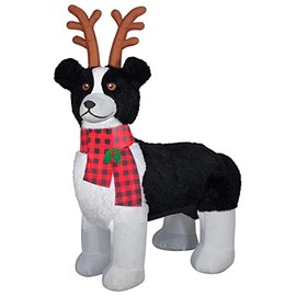 6' Gemmy Airblown Inflatbale Mixed Media Fuzzy Plush Border Collie with Reindeer Antlers